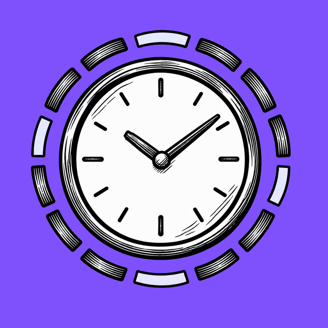 Hand-drawn clock ringed by repeating marks