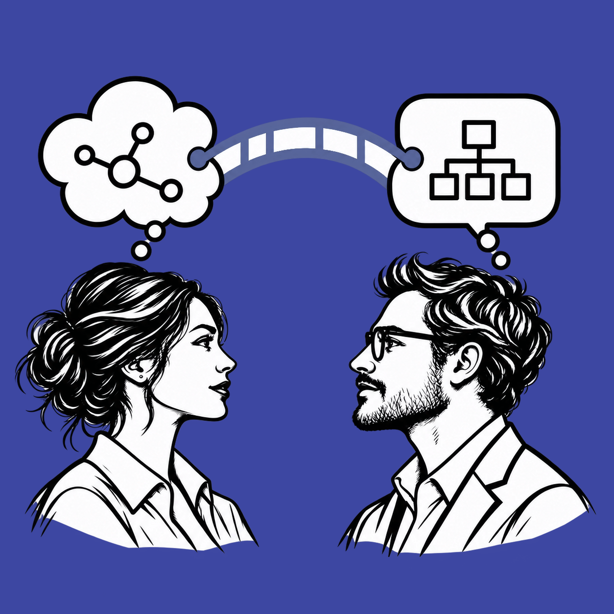 Hand-drawn pair of profiles with a bridge connecting an abstract thought cloud to a structured diagram
