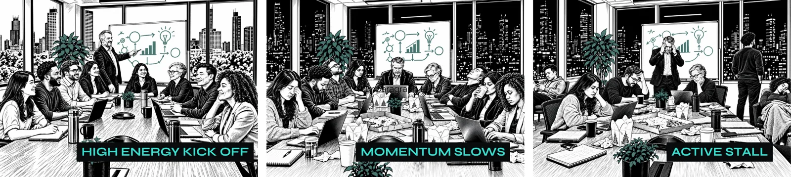 Three-panel illustration of a leadership team moving from a high-energy kickoff through slowing momentum to an active stall