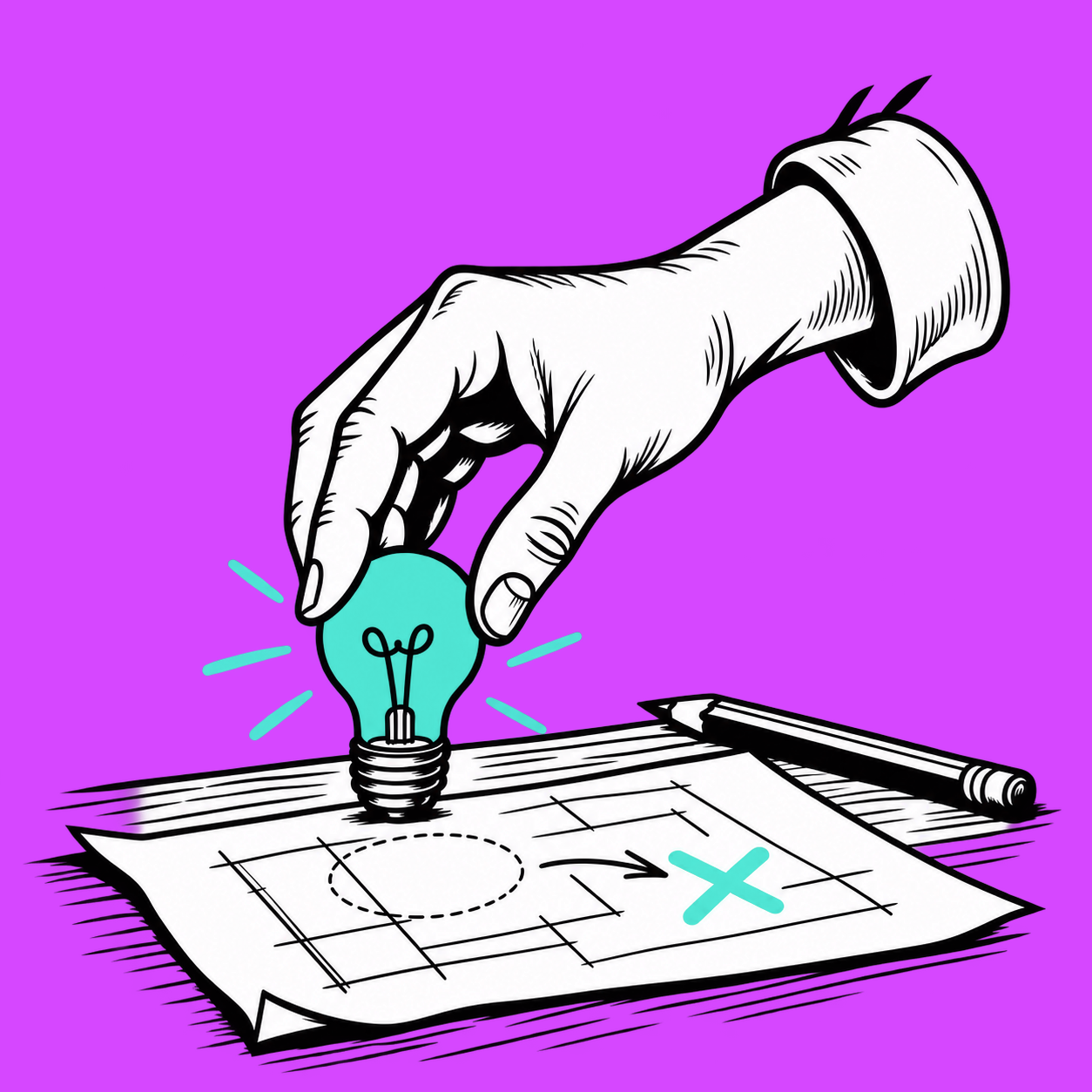 Hand-drawn hand placing a glowing lightbulb onto a sketched plan