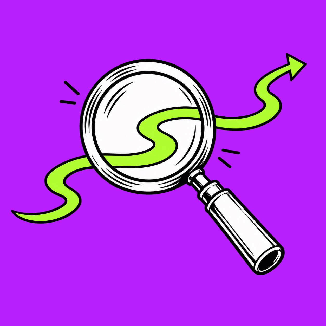 Hand-drawn magnifying glass with a winding arrow passing through it