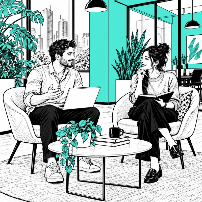 Illustration of two colleagues talking in a bright office lounge, engaged and at ease