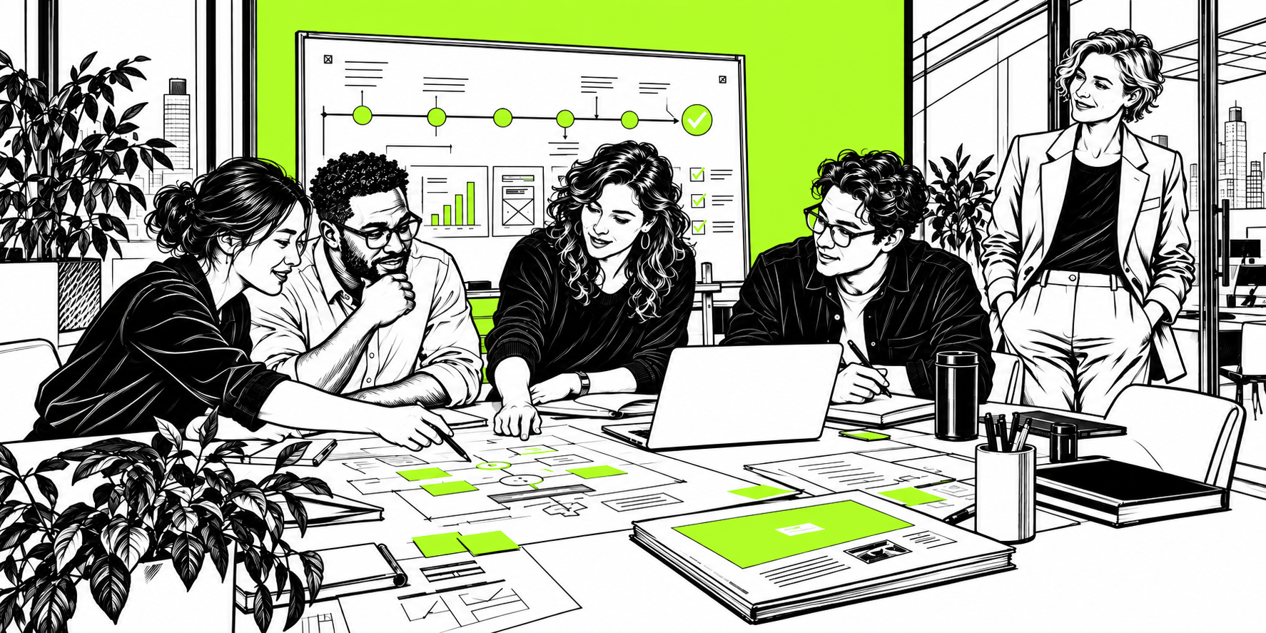 Hand-drawn team working together around a project table while a leader observes