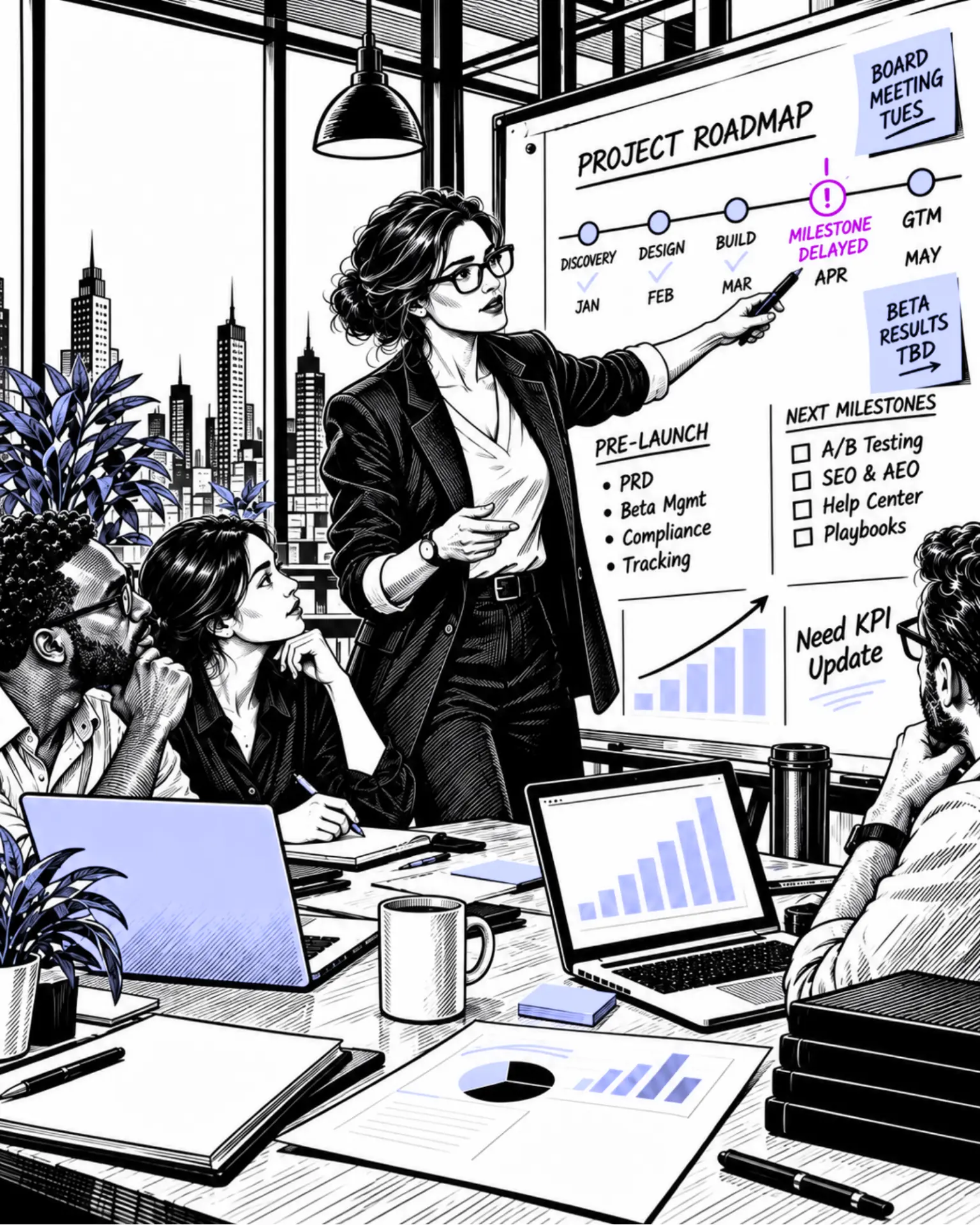 Illustration of a leader presenting a project roadmap to a team, with a delayed milestone highlighted