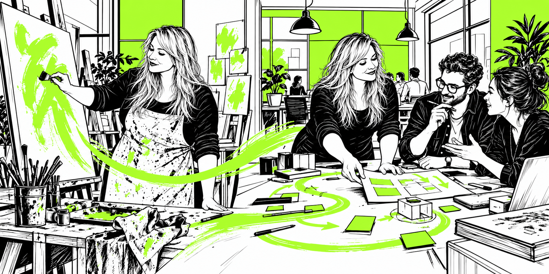 Hand-drawn double portrait: the same woman as painter on one side and as a business leader on the other