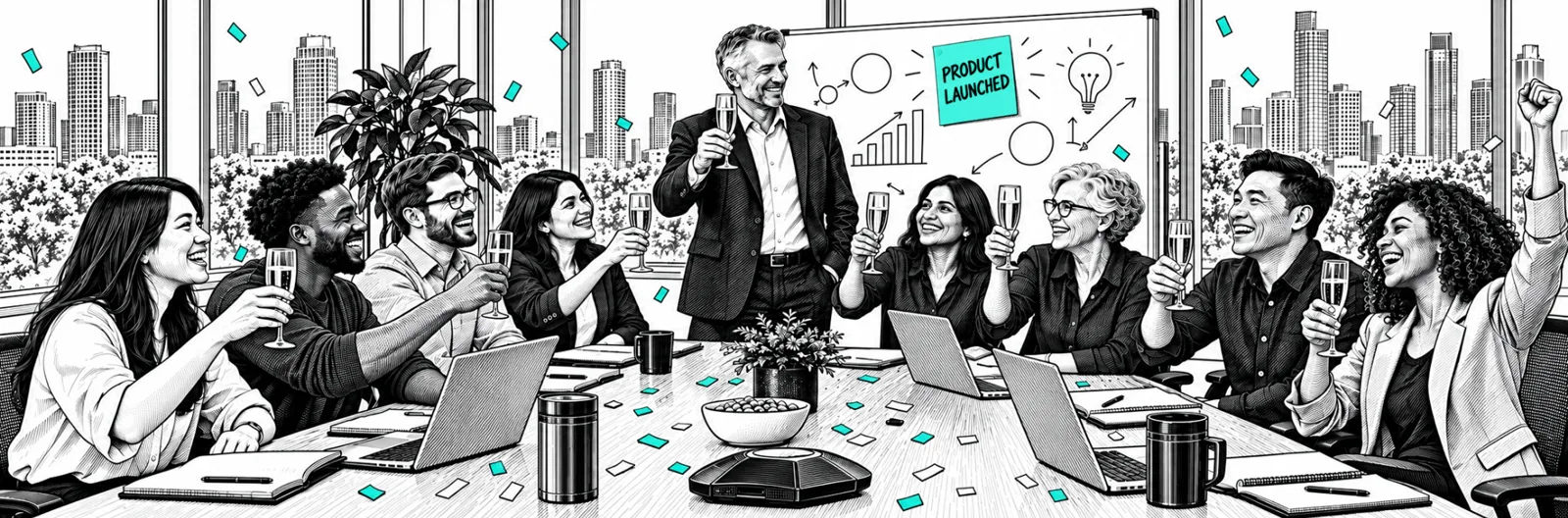 Team celebrating a launch together around a boardroom table