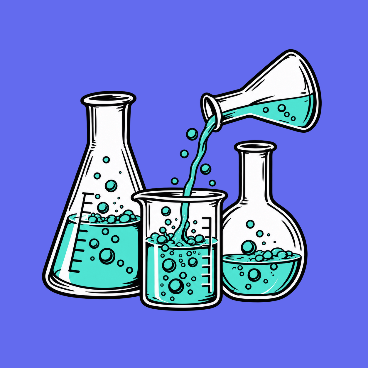 Hand-drawn beakers and flasks with liquid pouring between them