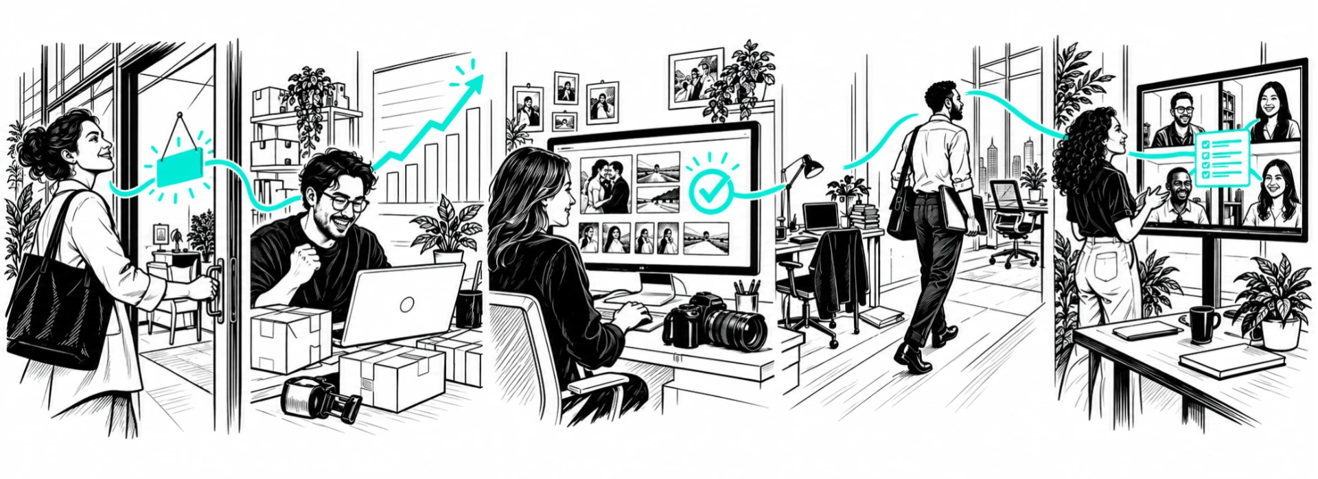 Hand-drawn sequence of professionals moving ideas from opportunity through growth, completed work, career transition, and team collaboration