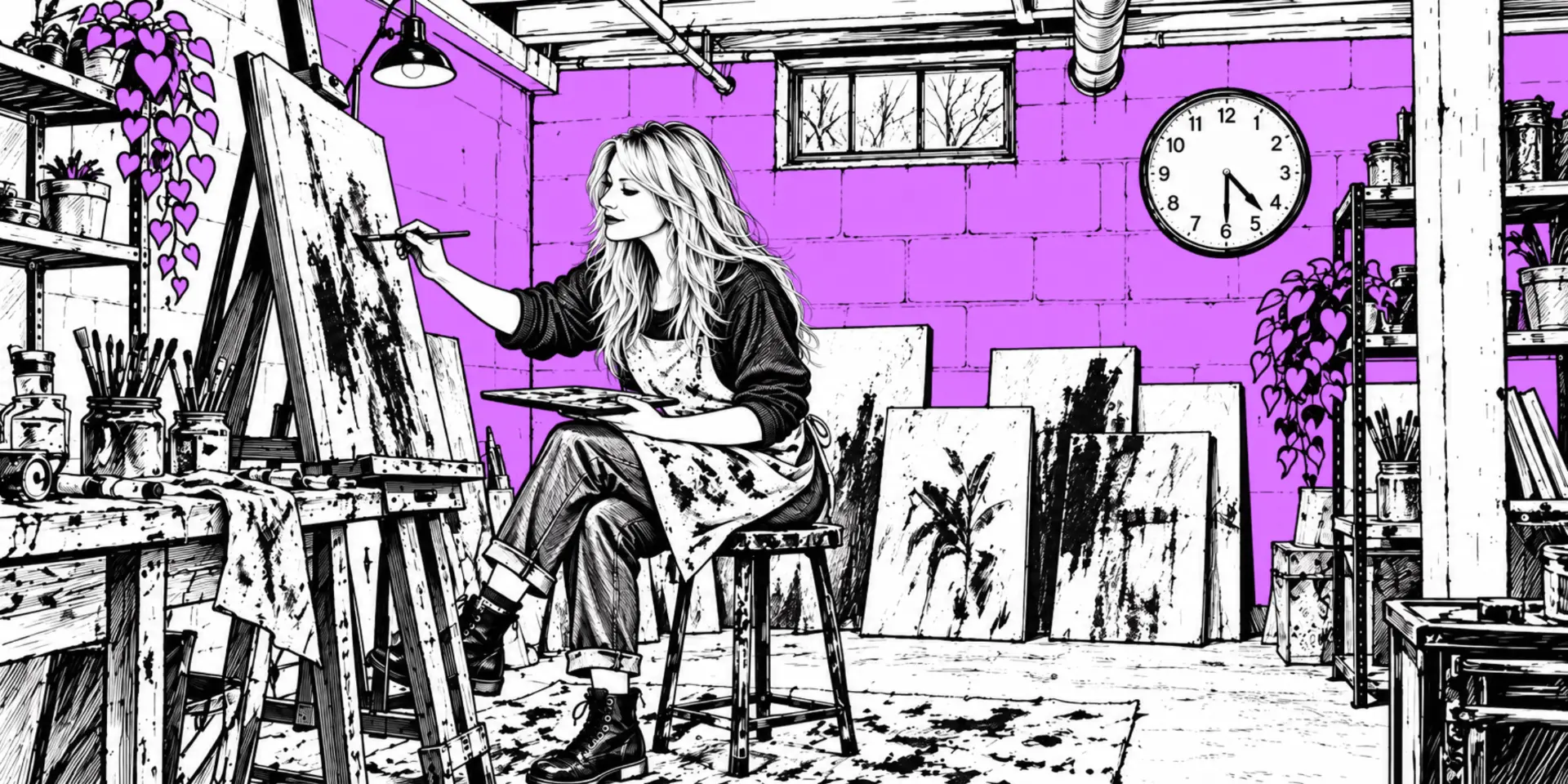 Hand-drawn scene of Kendra painting at an easel in her basement studio, surrounded by canvases and green architectural fields