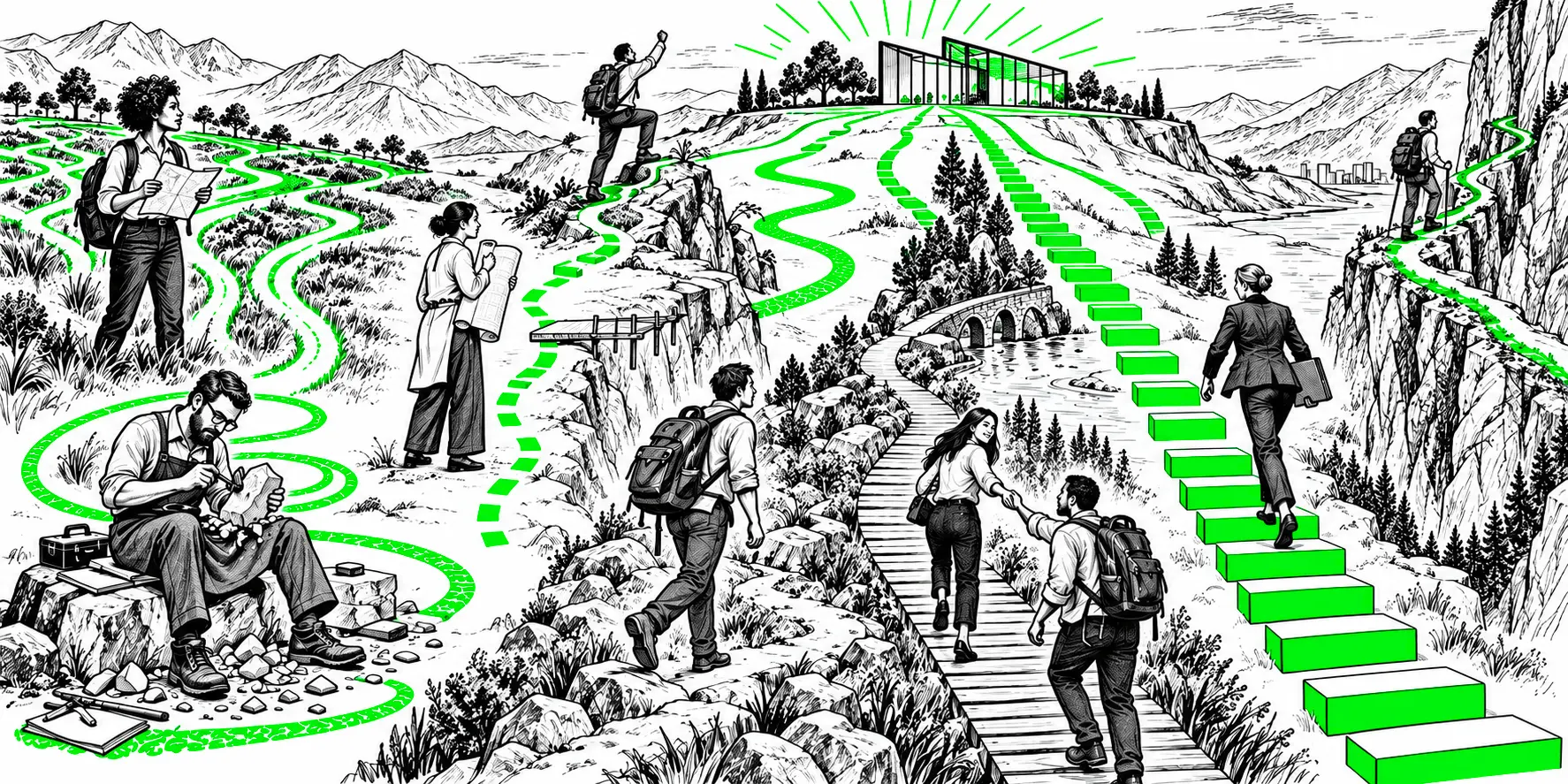 Hand-drawn scene of eight people with different working styles following winding paths and steps toward a glass building